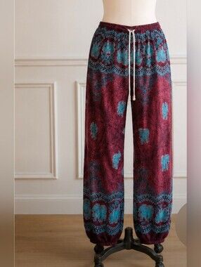 Women's Maroon & Teal Elastic Waist Printed Harem Pants